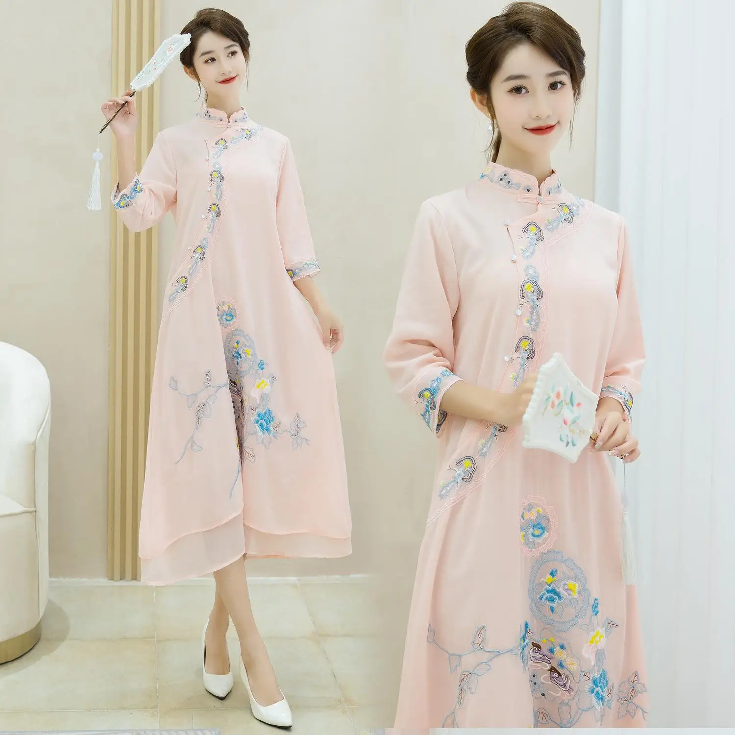 

Новинка весна-лето в Китае, тонкое шифоновое длинное платье с вышивкой для культивирования морали