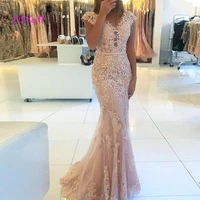elegant v neck cap sleeves lace tulle mermaid evening gowns floor length vestido de fiesta long light pink prom dress