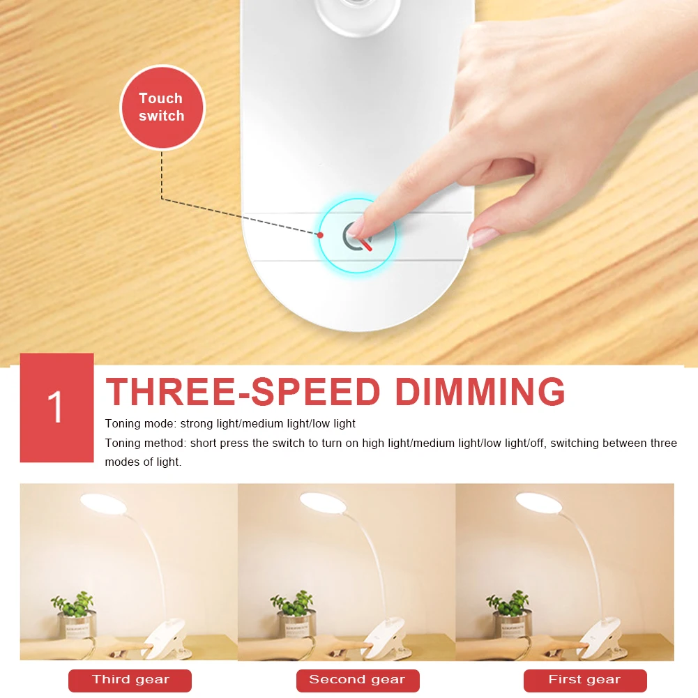 

LED Desk Lamp Reading Light Clip Laptop Lamp Rechargeable With 3 Brightness Flexible Neck For Home Office Lamp