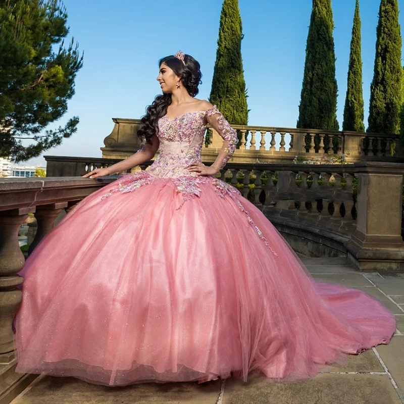 

vestidos de 15 años Pink Quinceanera Dress With Long Train Lace Applique Beaded 3D Appliques Sweet 16 Dress Pageant Party Gowns