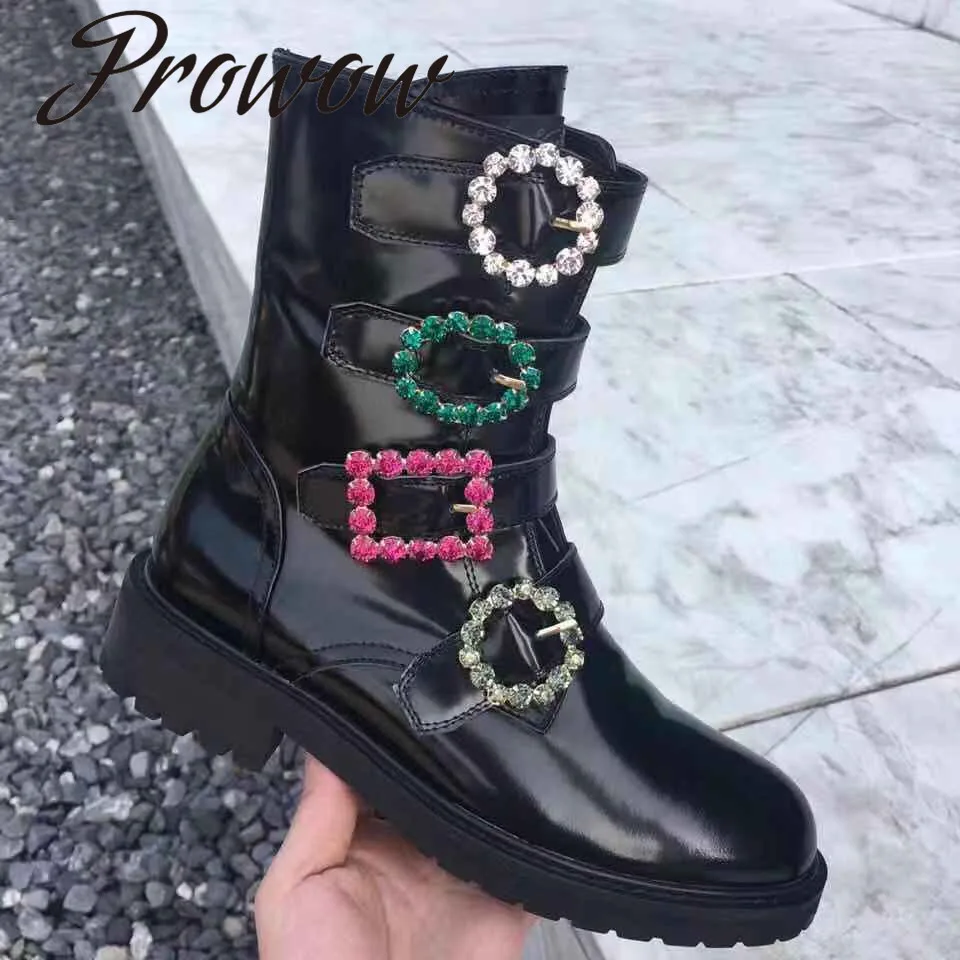 

Prowow зимние сапоги из натуральной кожи с украшениями в виде кристаллов; Милая драгоценный камень ботильоны на ремешках с пряжкой ботинки кру...