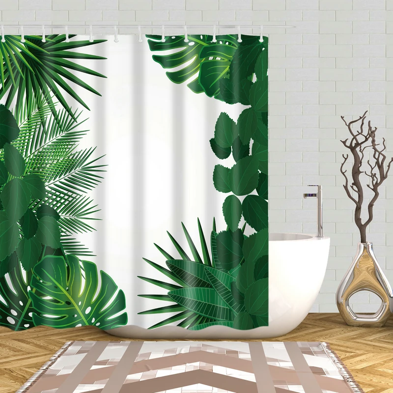 

Green Leaves with White Backdrop Shower Curtain Set with 12 Hooks Natural Plants Bathroom Decoration Washable Polyester Fabric