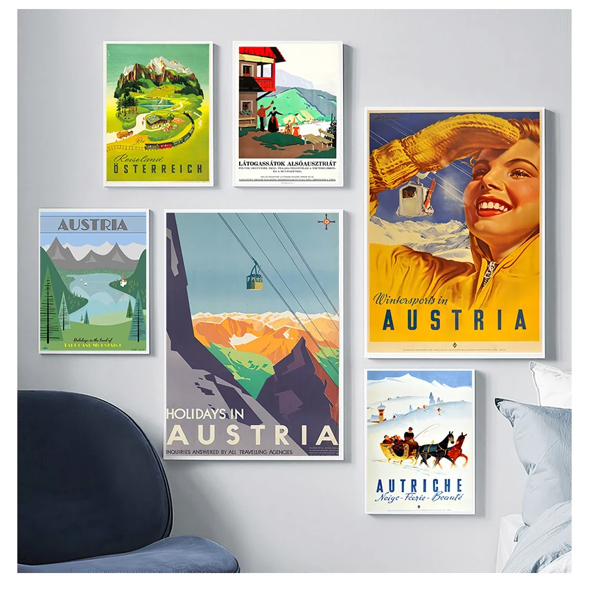 

Vintage Travel Posters Canvas Painting Kraft Poster Coated Wall Sticker Home Decoration Gift Ski in Austria Country Cable Car