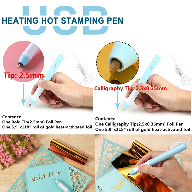 

Two Type Heat Foil Pen Set USB Powered Heat Resistant Scrapbook Card Make Shining Handwriting DIY Tools New 2020