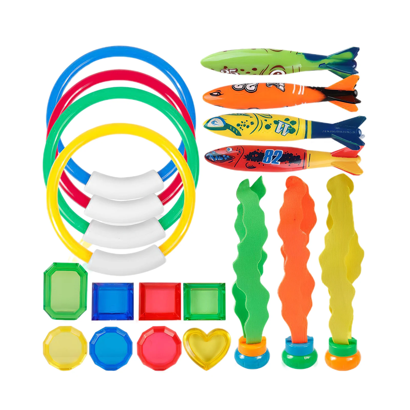 

19pcs/Set Swimming Treasures Colorful Games Diving Bath Toys Waterproof Swimming Pool Toys Torpedo Fish Bones Rings Rods Seaweed