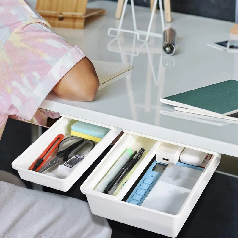 

Under Desk Drawer, Desk Drawer [2Pack, M+S], Self-Adhesive Under Desk Storage for Pens/Pencils/Keys/Cutlery and More
