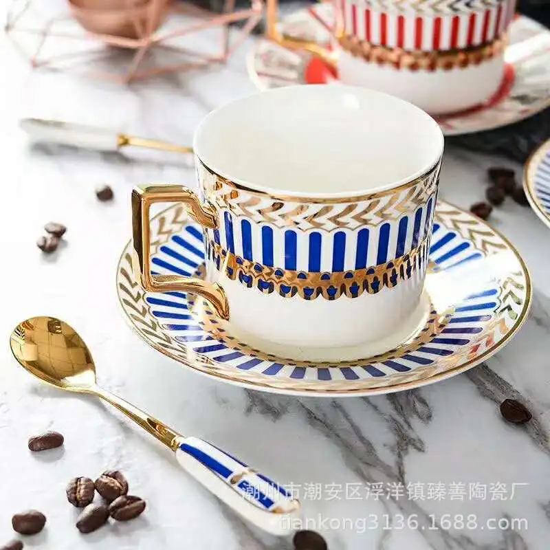 European style gold ceramic coffee cup and saucer high-end gift set simple afternoon flower tea with spoon | Дом и сад