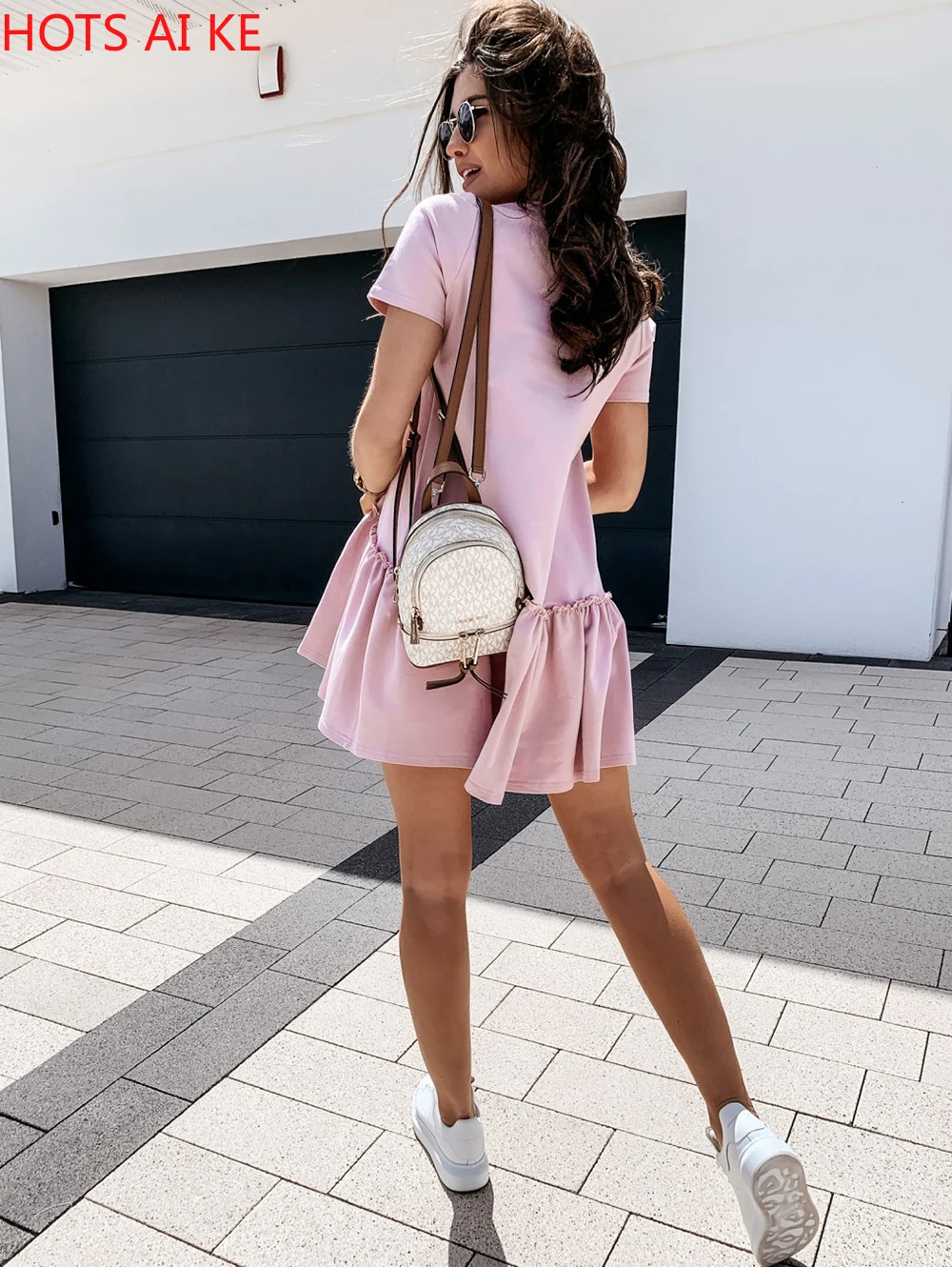 

2021 Ruffled Dress Explosion Models Summer Solid Color Short-sleeved Loose Round Neck Dress