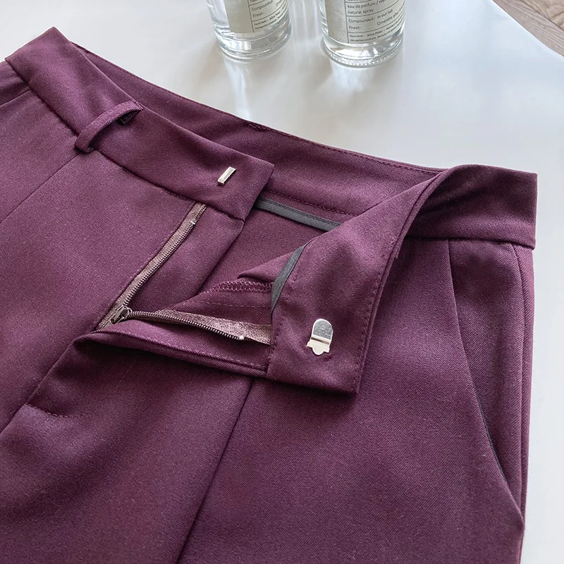 

Women High Waist Causal Loose Wide Leg Pants 2021 Summer Purple Elegant Suits Straight Trousers Korean Fashion Button Tied Style