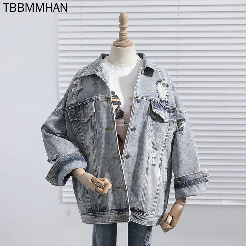 

Mid-length Vintage Blue Hole Denim Jacket Women Loose Oversize Spring Autumn 2021 Korean Casual Harajuku Long Sleeve Jean Jacket