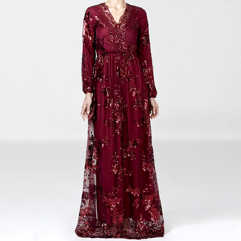 dark red dress Sequin abaya Дубай турецкие платья мусульманское платье Абая для женщин хиджаб платье кафтан Турция Исламская одежда Кафтан Maroc Omani - Цвет: dark red dress