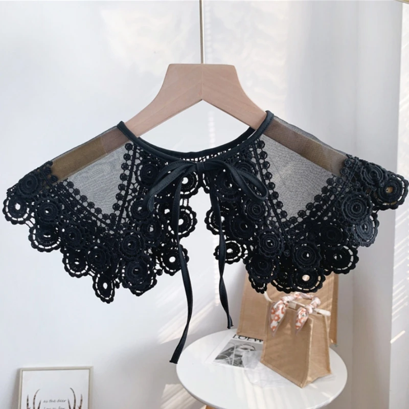 

Double Layer Embroidery Floral Trim Fake Collar Big Shawl Wrap Women Sheer Lace Decor Necklace Lapel Half Shirt Mini Capelet