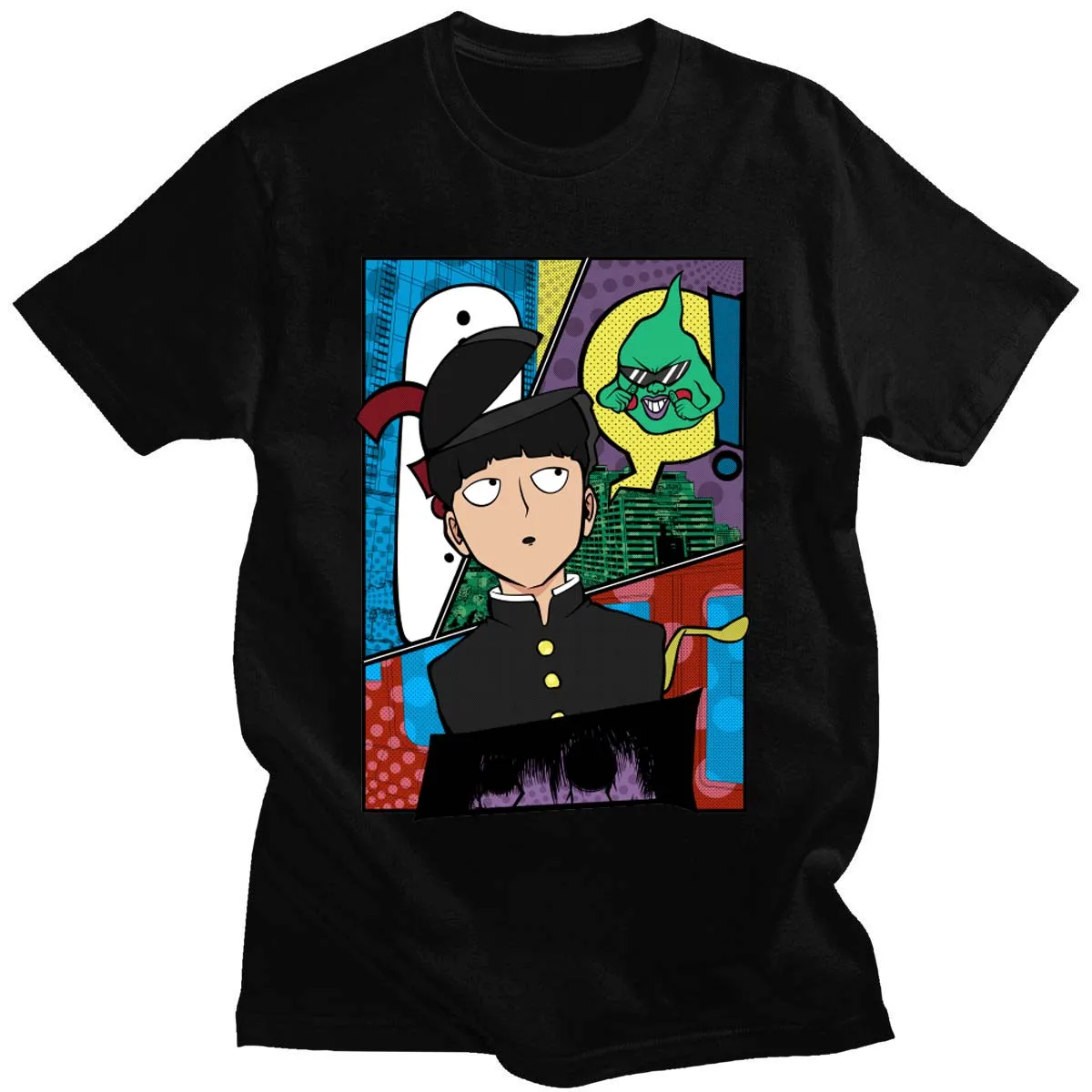 Летняя модная мужская футболка с принтом манга и моб из чистого хлопка коротким