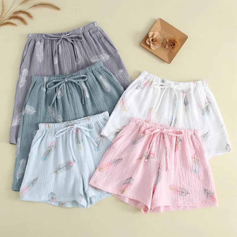 

Couple Pajama Pants Summer Woman Men Sleep Trousers Cotton Gauze Shorts Plumage Print Tie Waist Home Bottoms Loose Loungewear