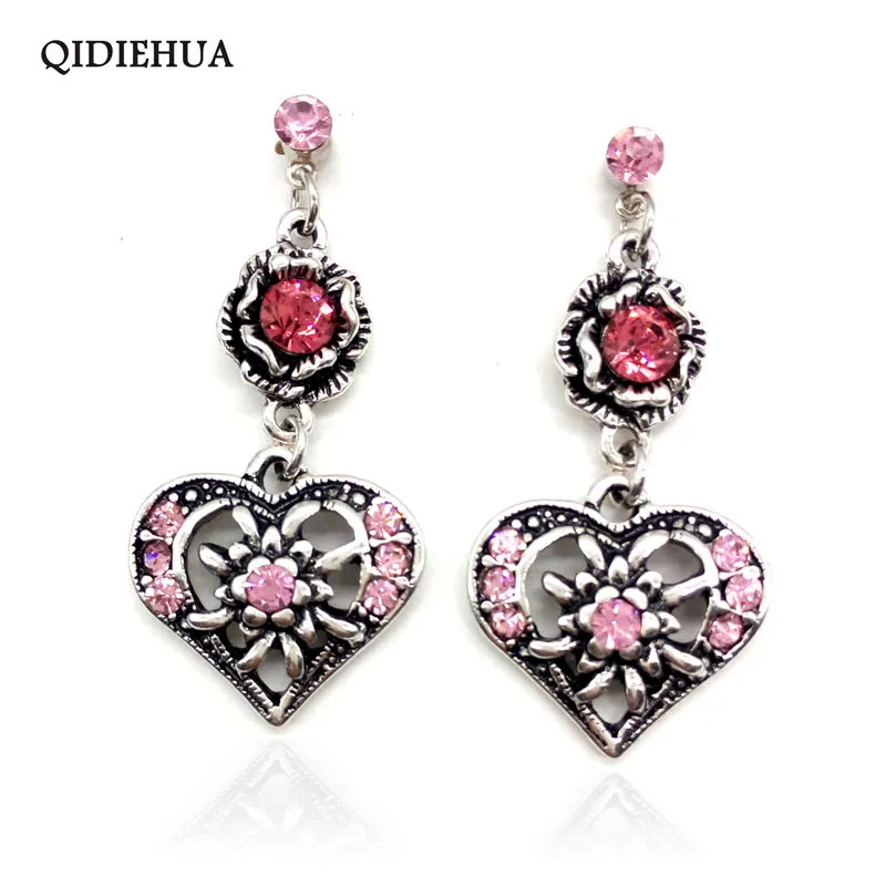 Богемные висячие серьги женские 5 цветов Стразы Любовь Сердце цветок сплав