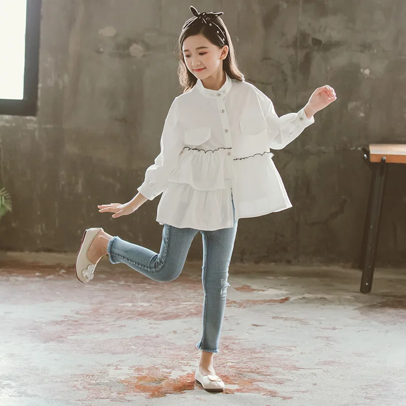 Школьная одежда для девочек подростков блузки топы с оборками Детская рубашка