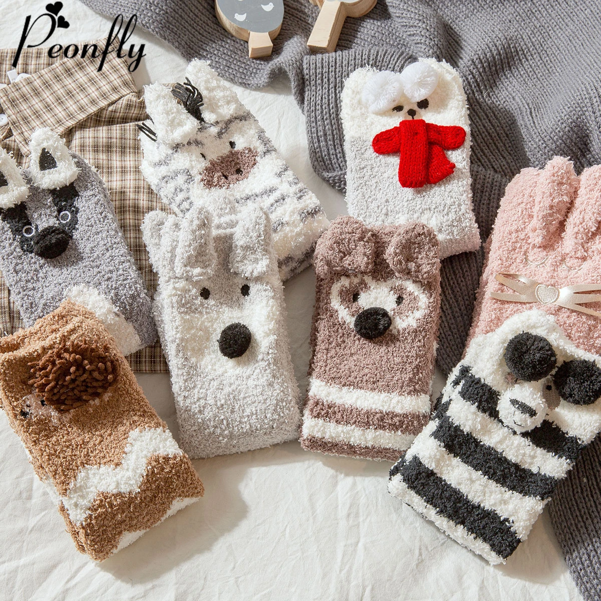 PEONFLY Kawaii женские мягкие напольные носки пушистые теплые рождественские Смешные