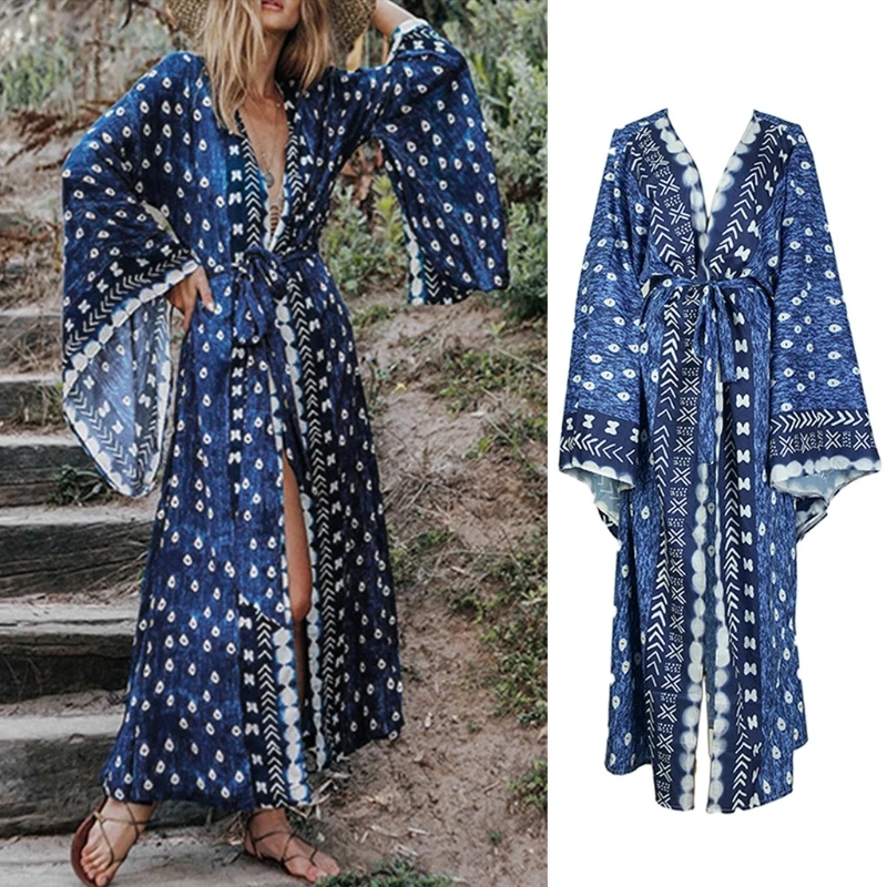 Женская Пляжная накидка в стиле бохо голубое кимоно с длинным рукавом и