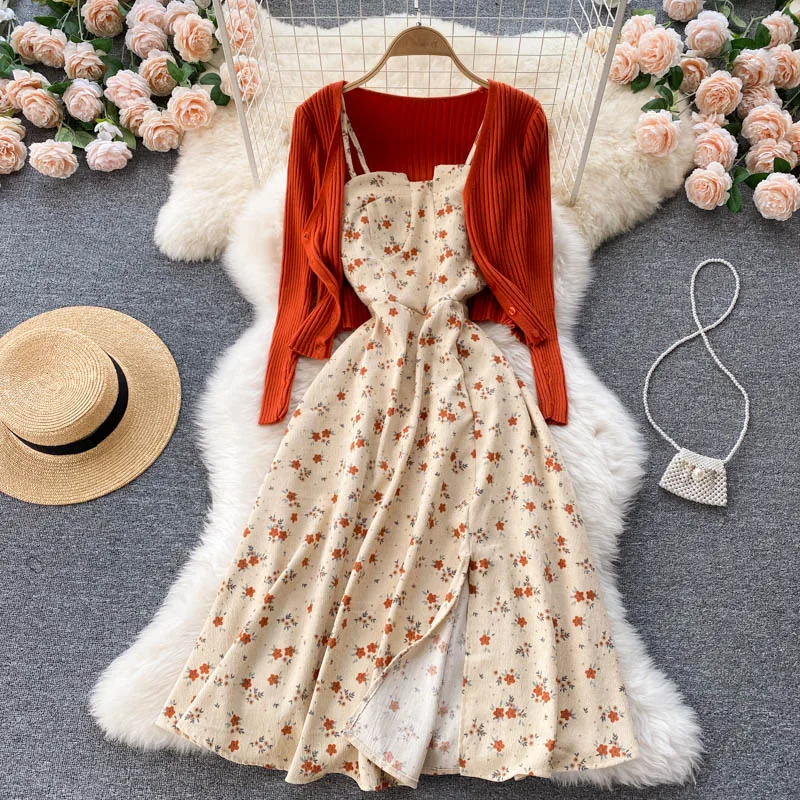 

2pc Suit Short Shawl Knitted Cardigan Jacket Female French Split Retro Floral Dress Two-piece Suit Tops
