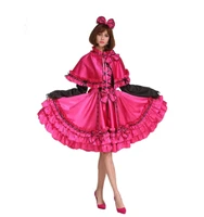 sissy vintage rose red satin crossdress uniform three different outfints style in one cosplay costume