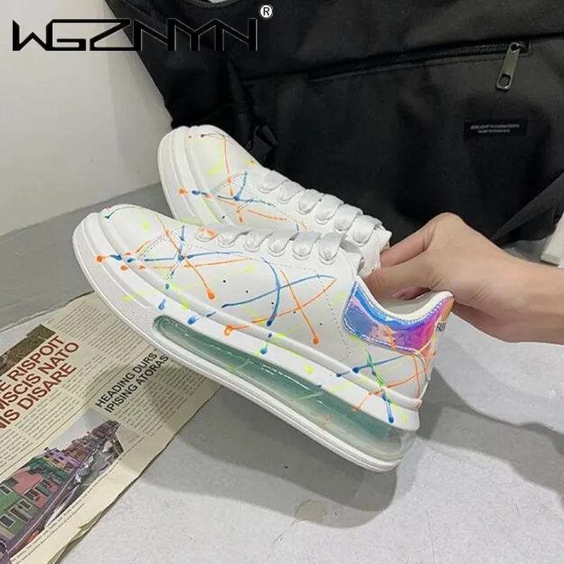 

Women Casual Graffiti Vulcanized Shoe Ladies Lace Up PU Leather Flat Shoes Woman Comfort Female Platform Sneakers Tenis Feminino