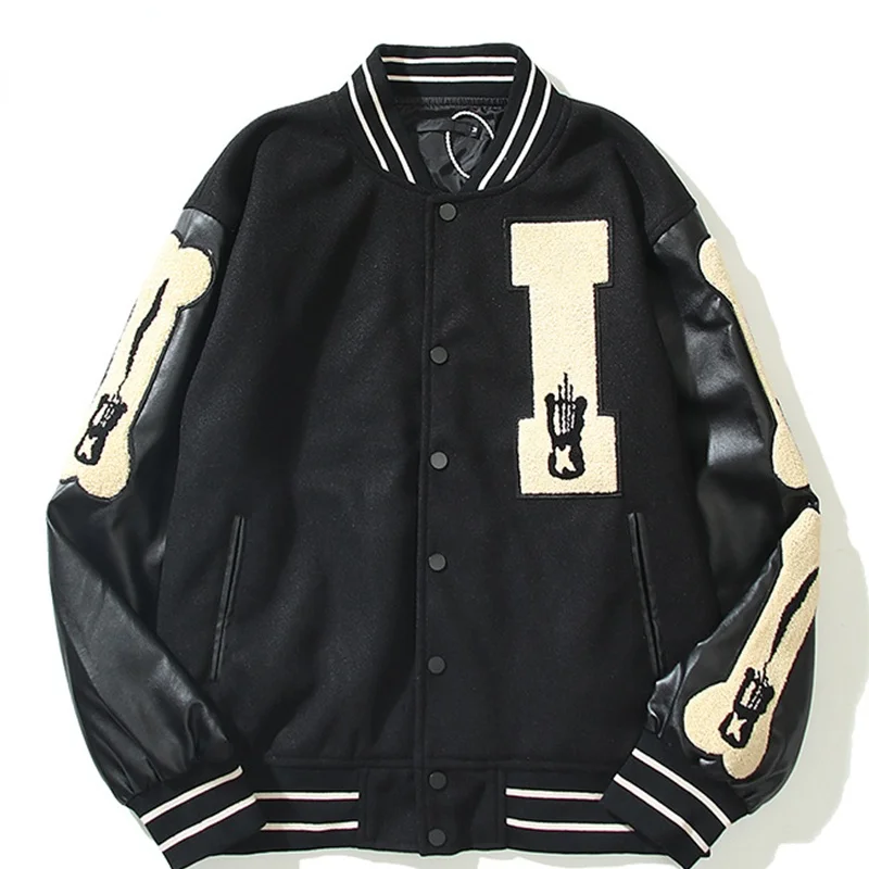 

Patchwork Bone Flocking Color Block Baseball Jacket Men 2021 Winter Harajuku Streetwear Varsity Jacket Woman Bomber Jackets