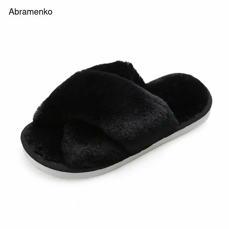 

Women Fur Flips Flops Winter Warm Cross Open Toe Shoes Woman Slippers Fashion Female Slides Shoes Woman Flat Slippers Size 33-41