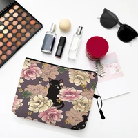 tote cosmetic bag for women makeup bag creative cartoon floral cat print toiletries grooming kit organizer handbag purse