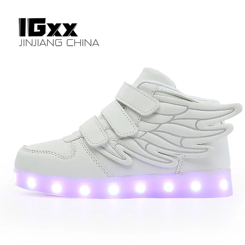 

IGxx High Top LED Light Up Shoes For Kids Angel Wings USB Charging Glowing Shoes LED Child Luminous LED Sneakers Boys White