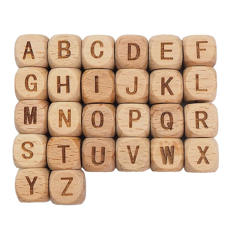 Cuentas cuadradas de madera del alfabeto para beb&eacute;s, Cuentas de letras a-z para beb&eacute;s, masticables, accesorios de cadena de chupete de lactancia, 5 uds.-0