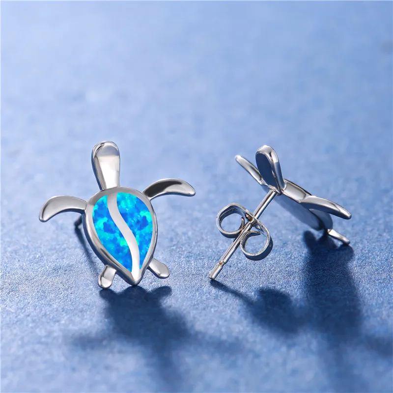 Cute Female Small Turtle Animal Stud Earrings Rose Gold Color Wedding Elegant White Blue Opal For Women | Украшения и аксессуары