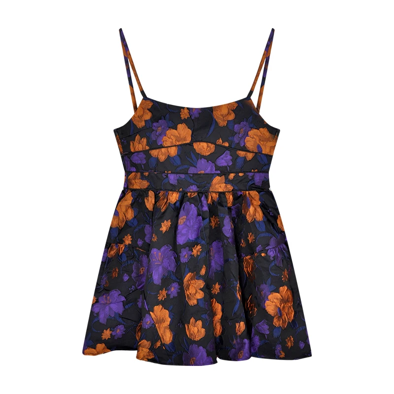 

French Style Vintage Floral Strap Dress Women's Summer Short Skirt Sweet Princess Bubble Skirt