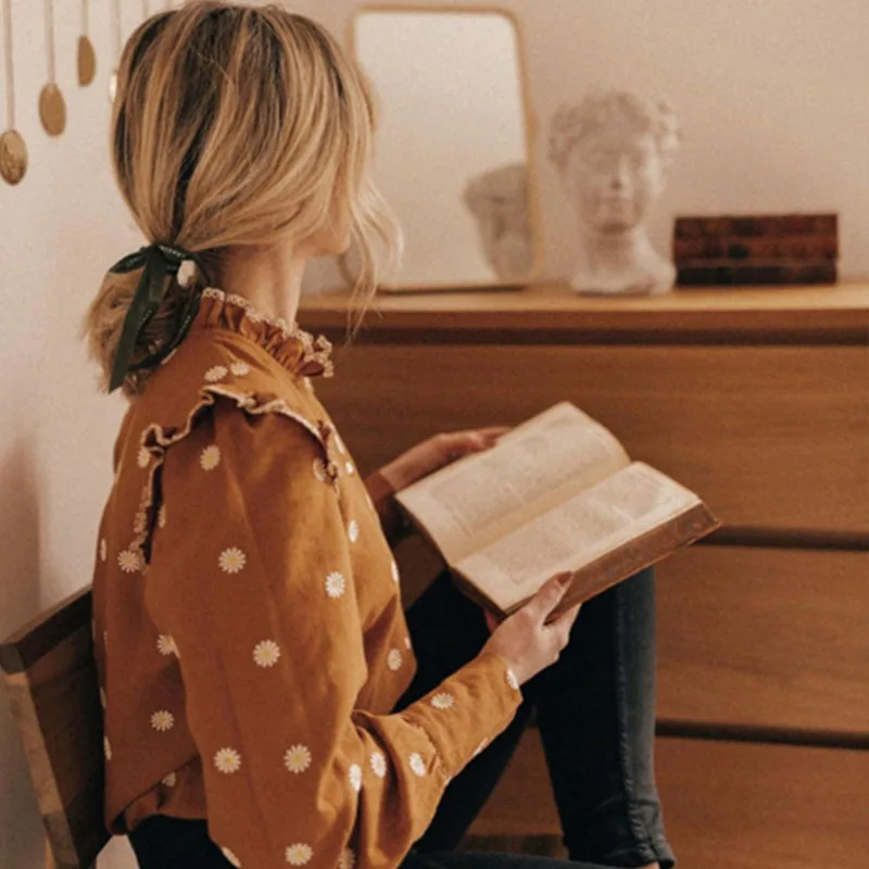 

Fall 2020 Women's Cotton Stand Collar Small Daisy Lantern Sleeve Straight Shirt