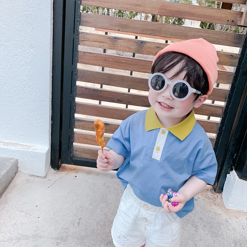 Baby boys cotton turn-down collar short sleeve T shirts Summer fashion contrast color pullovers |