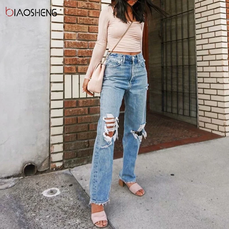 

Baggy Ripped Jeans Women High Waist Denim Trousers Fashion Pants Blue Straight Jeans Mom Jeans Y2k Vintage Streetwear 2021