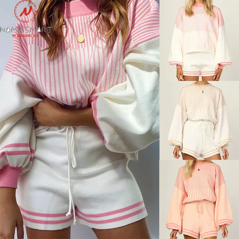 

Женский спортивный костюм из 2 предметов, повседневный свободный костюм в полоску с завязками, шорты с высокой талией и О-образным вырезом, п...