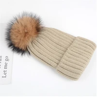 women and matching kids solid beanie with large real fur pompom adult knitted warm winter hat female girls ribbed hats