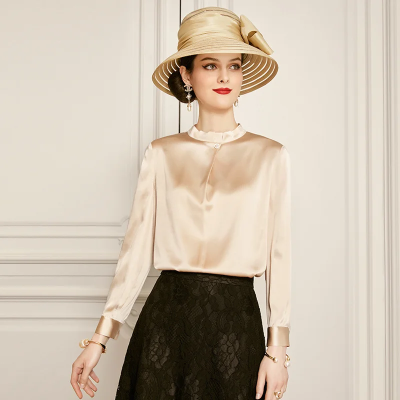 

SHZQ Silk Shirt Women's Long Sleeve 2021 Autumn New Mulberry Silk Shirt Temperament Stand Collar Top Fashion