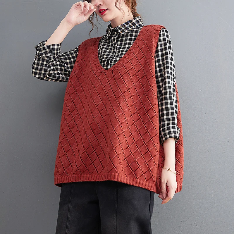 

2021 New Sleeveless Sweater Women 's Fat Sister Large Size Loose Western Style Versatile V-neck Pullover Vest Fashionable Jum