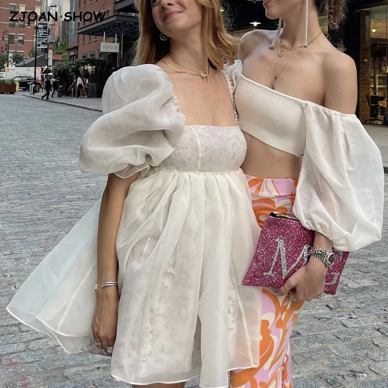 

2 Possibilities Wear Chiffon Floral Print Split Organza Ball Gown Dress Puff Sleeve Retro Women Swing Short Dresses Fairy Vestid