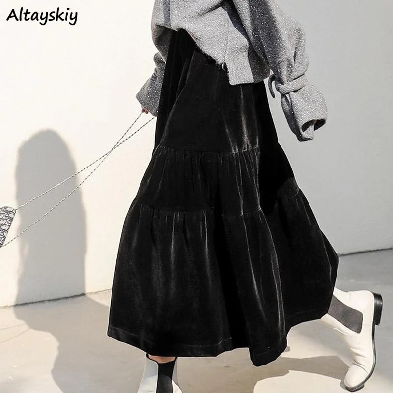 Фото Велюровые юбки для женщин модная шикарная свободная универсальная черная юбка