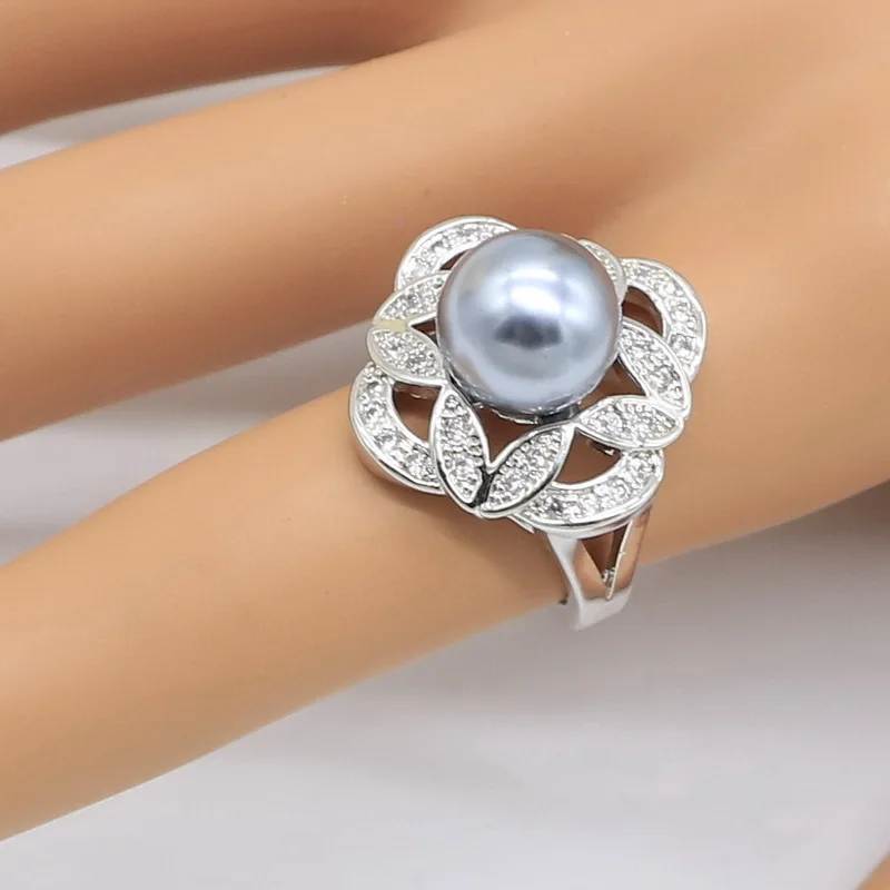 Серое жемчужное серебряное свадебное кольцо набор украшений для женщин серьги