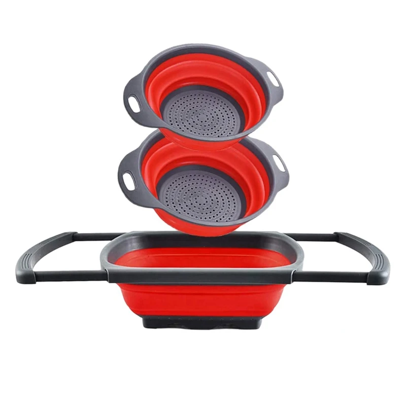 

3 шт., складной силиконовый кухонный дуршлаг с ручкой
