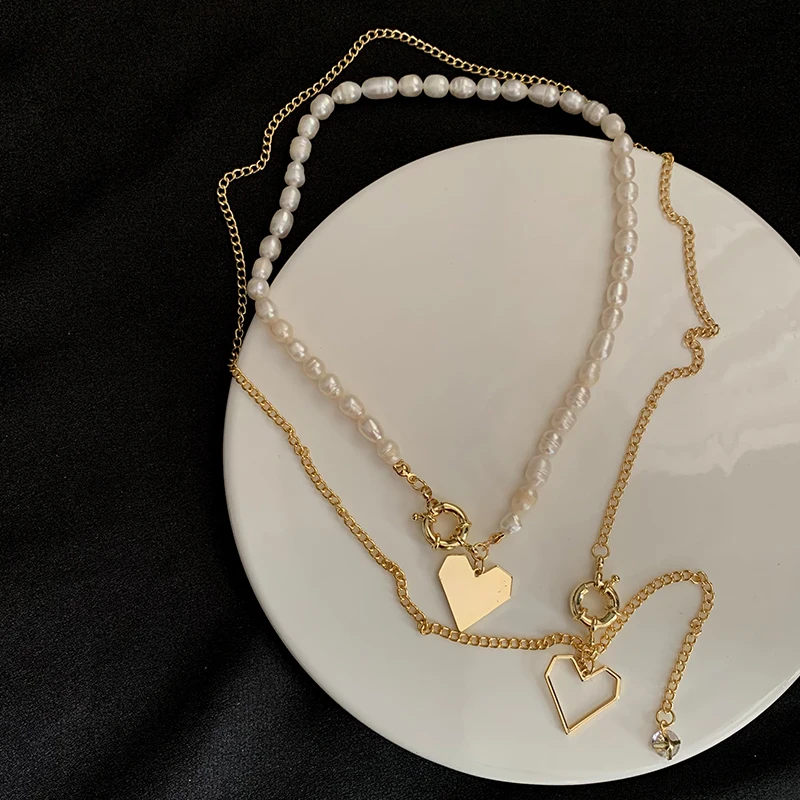 

French Style Temperament Retro Natural Baroque Shaped Pearl Heart Necklace Personality Twin Double Layer Can Be Separated