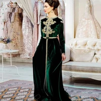 verngo green evening dresses long sleeves velvet lace applique formal dress moroccan kaftan dubai women elegant prom party gown