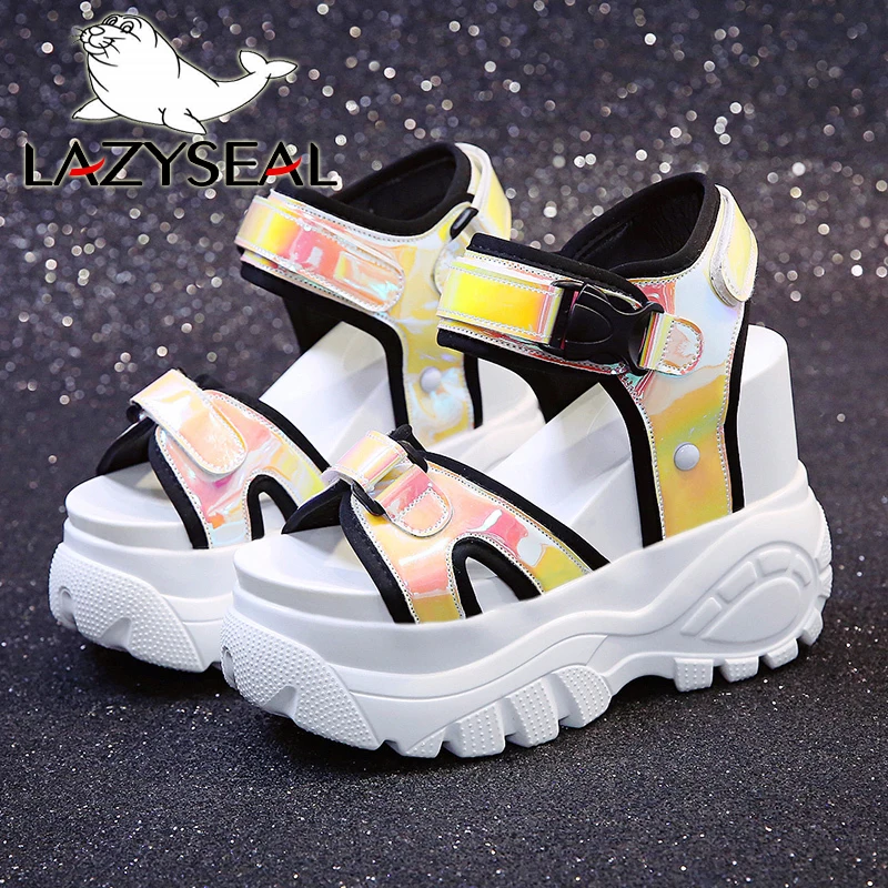

LazySeal 11cm Height Increasing Platform Sandals Women Bottom 2020 Chunky Heel Student Summer Beach Shoes Sandalias Mujer