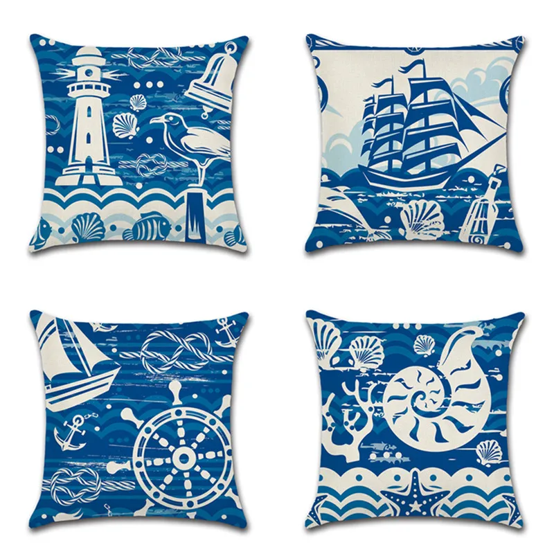 

Navigation Blue Linen Cushion Cover Lighthouse Sailing Conch Print Sofa Throw Pillows Home Car Decorative Mediterran Pillowcase