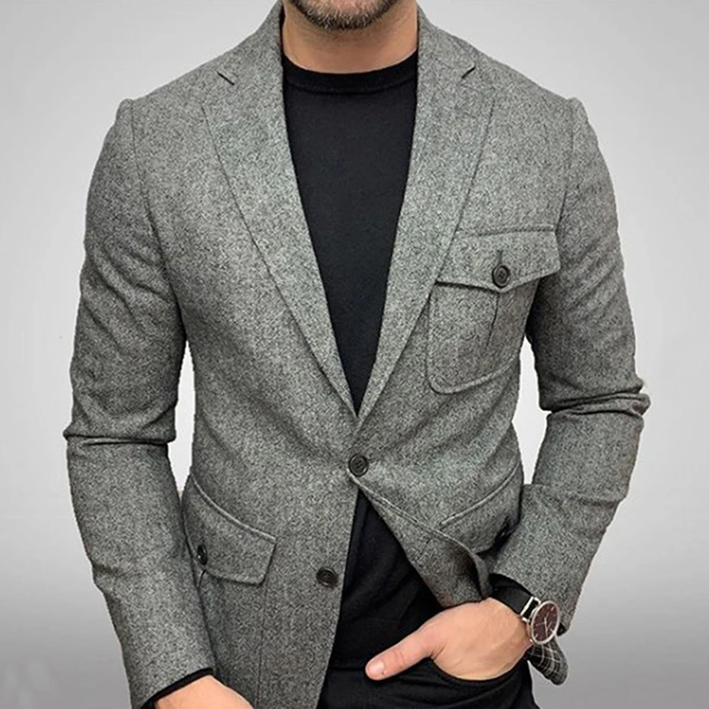 

2021 Fashion Men's Leisure Blazers New Trends Slim European Notched Lapel Single-Breasted Plain Wool Blends Fall Male Blazers