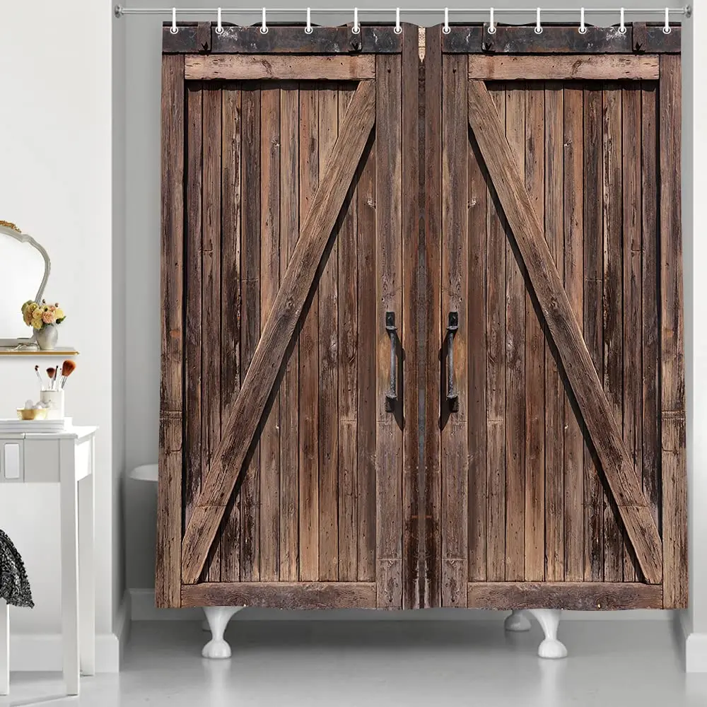 

Old Barn Door Shower Curtain Farmhouse Wooden Vintage Style Decorations Polyester Fabric Bathroom Hanging Curtains Bathtub Set
