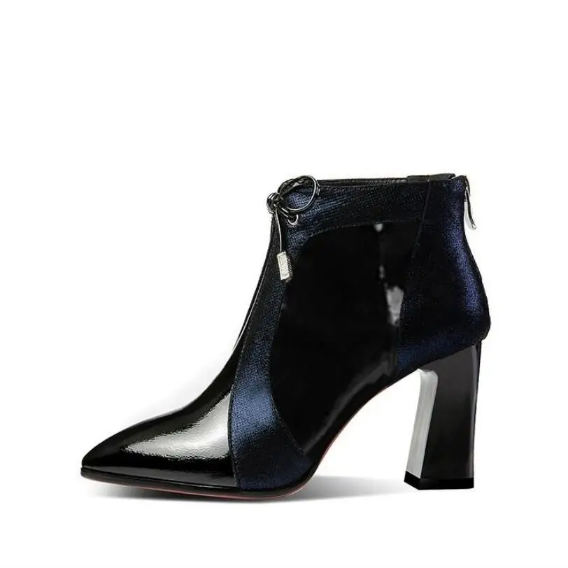 

High Heeled Ankle Boots Women Fall/Winter Warm Shoes Women's Booties Pointed toe Thick Heel Color Matching Blue Wine-red